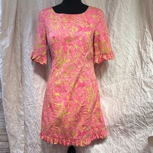 Vintage Pink and Yellow Floral Ruffle Sleeve Dress